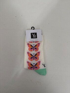 Womens Yo Sox Butterfly Print Ankle Socks Size 6-10 Cotton Blend White With Mint